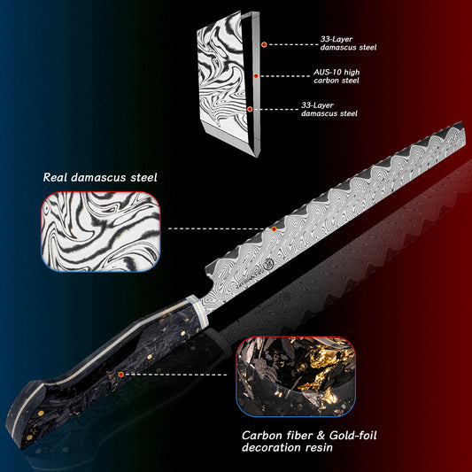 Grandsharp Damascus Steel 9.5 Inch Bread Knife 67 Layers Kitchen Bread Knives Carbon Fiber and Gold-foil Resin Handle