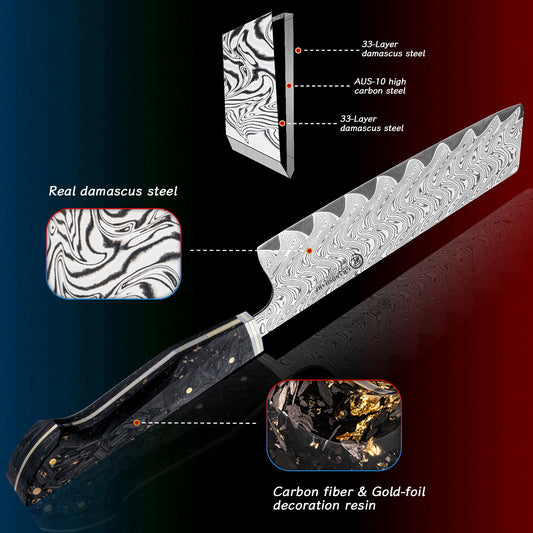 Grandsharp Damascus Steel 7 Inch Nakiri Knife Carbon Fiber Gold-foil Resin Handle