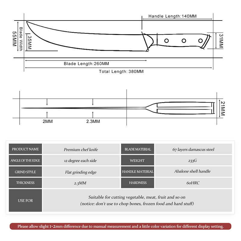 Chef Kitchen Knives 10 Inch Butcher Knife Damascus Steel Slicing Cooking Tool Full Tang Machete Cutlery Cookware PRO Abalone Shell Handle