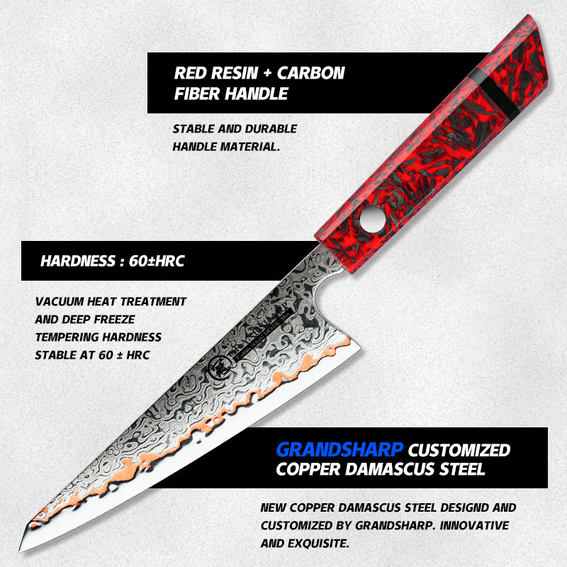 Grandsharp Premium 6 Inch Garasuki Knife 55 Layers Copper Damascus Steel Chef Santoku Utility Knife Red Resin + Carbon Fiber Handle