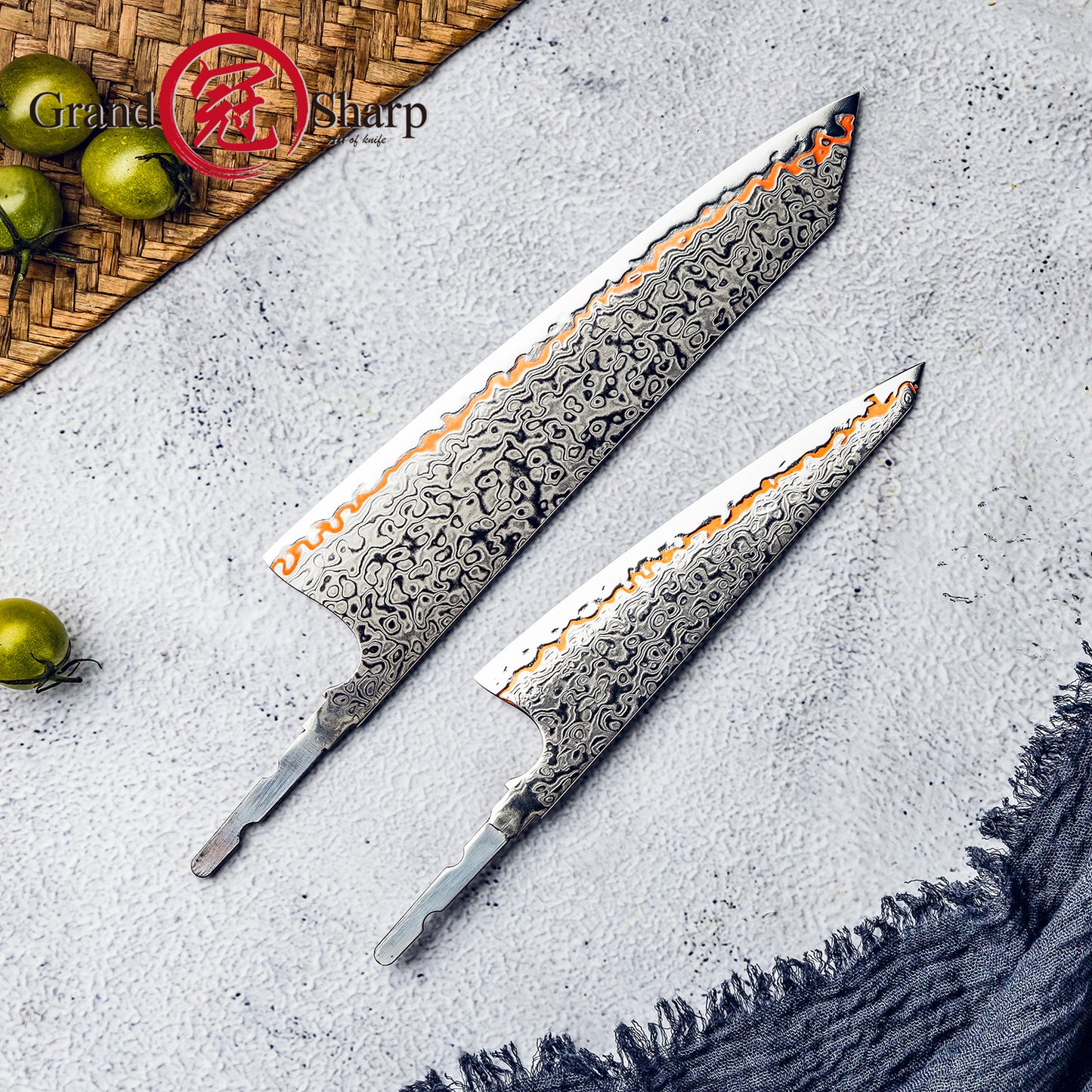 Grandsharp DIY Knife Blade Kiritsuke Knife Blank Blade 55 Layers Copper Damascus Steel Chef Santoku Meat Food Cutter