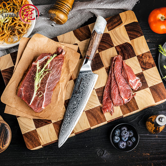 Grandsharp 8''Chef Knife 67 Layers damascus Steel 10Cr15C0Mov Kitchen Knife Vegetable Meat Cooking Tools with White Resin Handle