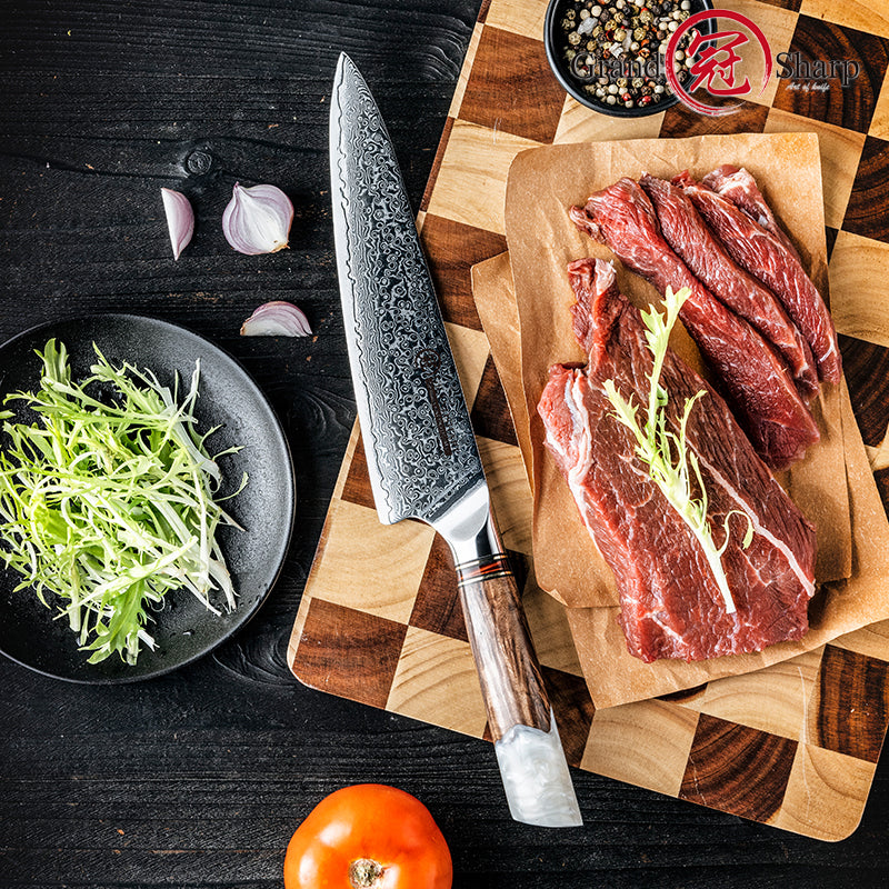 Grandsharp 8''Chef Knife 67 Layers damascus Steel 10Cr15C0Mov Kitchen Knife Vegetable Meat Cooking Tools with White Resin Handle