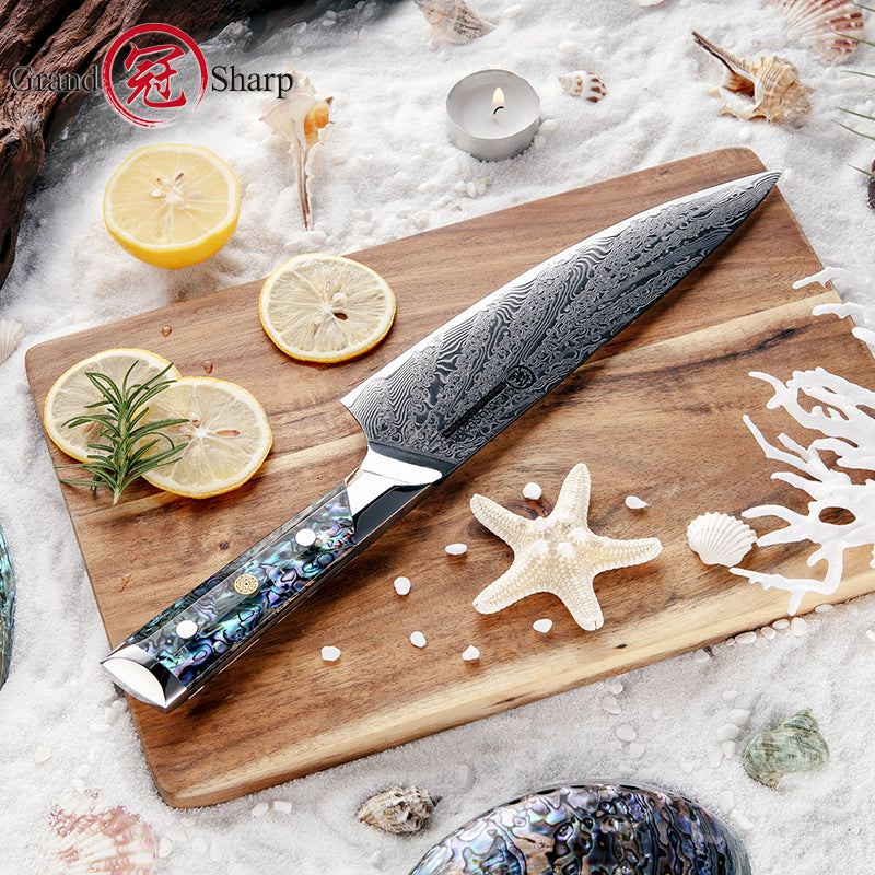 Grandsharp Abalone Shell Handle AUS10 Damascus Pro Kitchen Chef Knife
