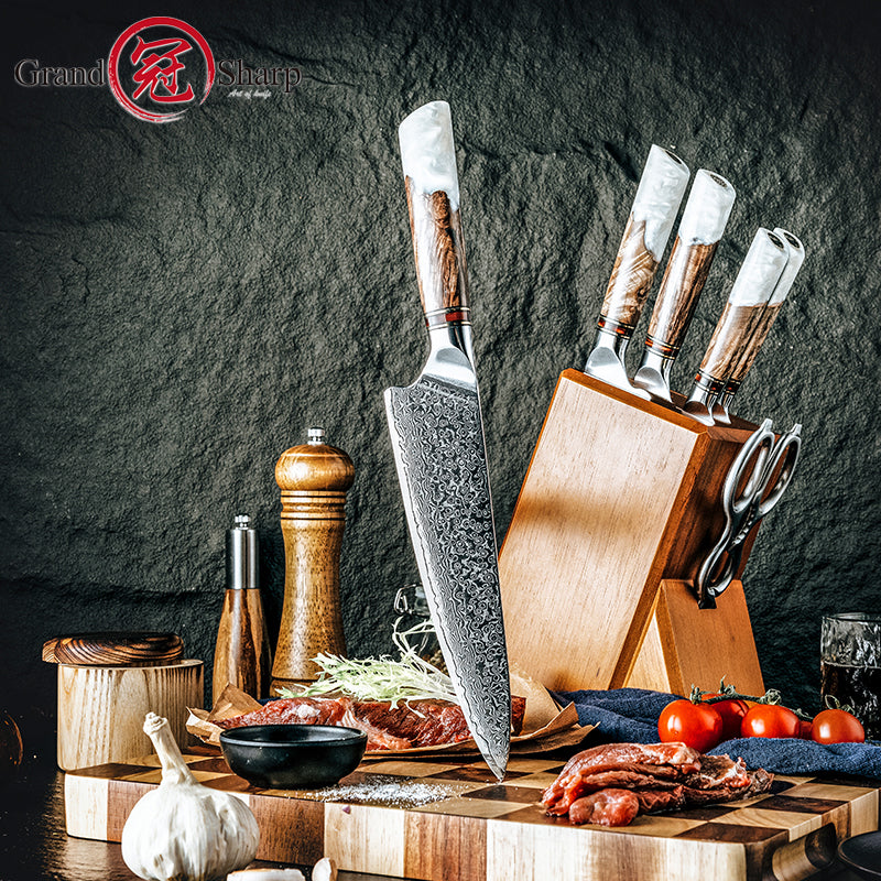 Grandsharp 10Cr15CoMoV Damascus Kitchen Chef Knife with White Handle