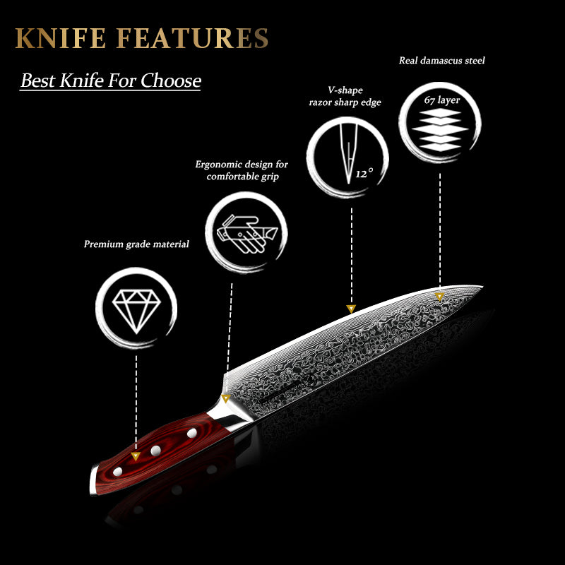 Grandsharp 5 Pcs Chef Knife Set Japanese Damascus Steel Santoku Utility Cleaver Kitchen Tools Meat Fish Vegetables Pakka Wood