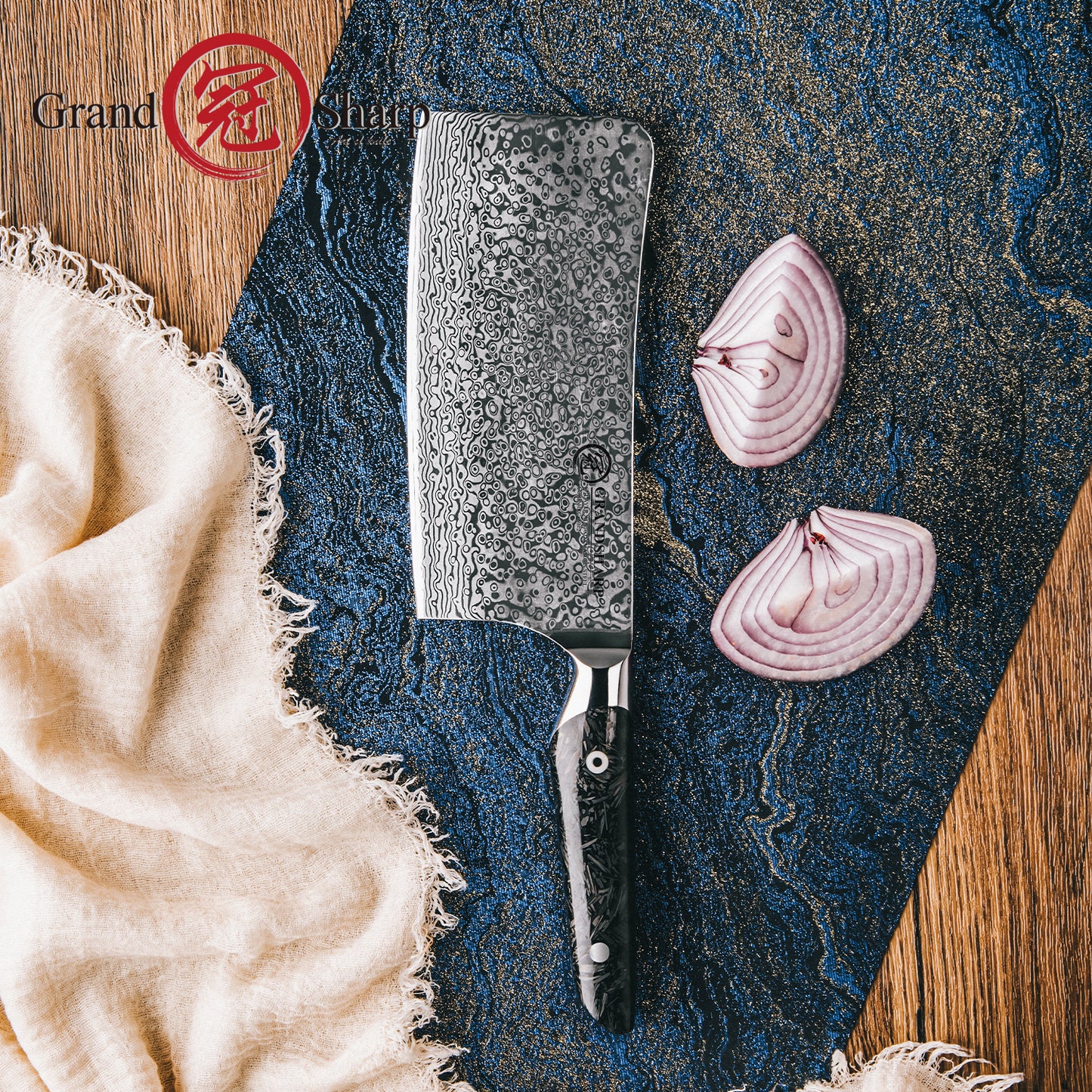 Grandsharp 7'' Kitchen Chopping Knife AUS10 Core 67 Layers Damascus Steel Cleaver Butcher Knife with Black Carbon Fiber Handle