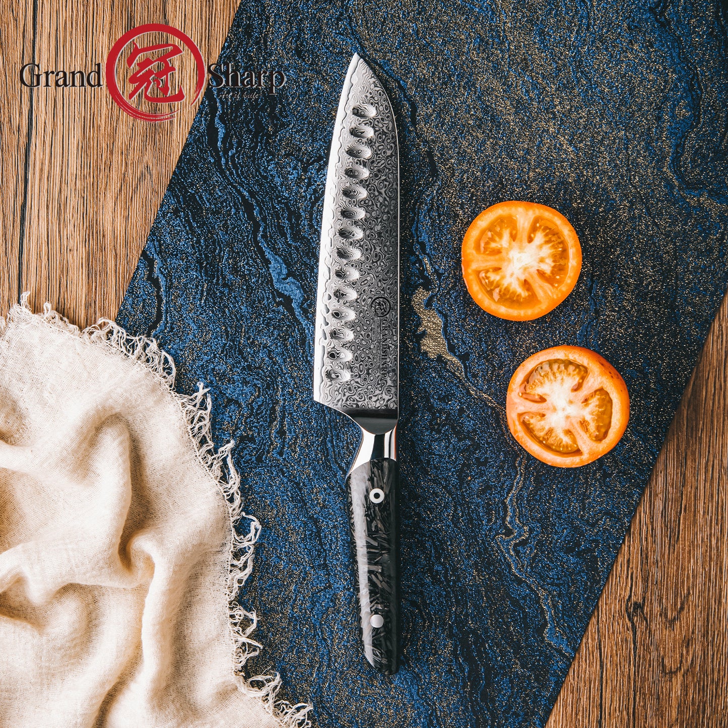 Grandsharp 7.5 Inch 67 Layers Santoku Knife Kitchen AUS10 Damascus Steel Santoku Knives Tools with Black Carbon Fiber Handle