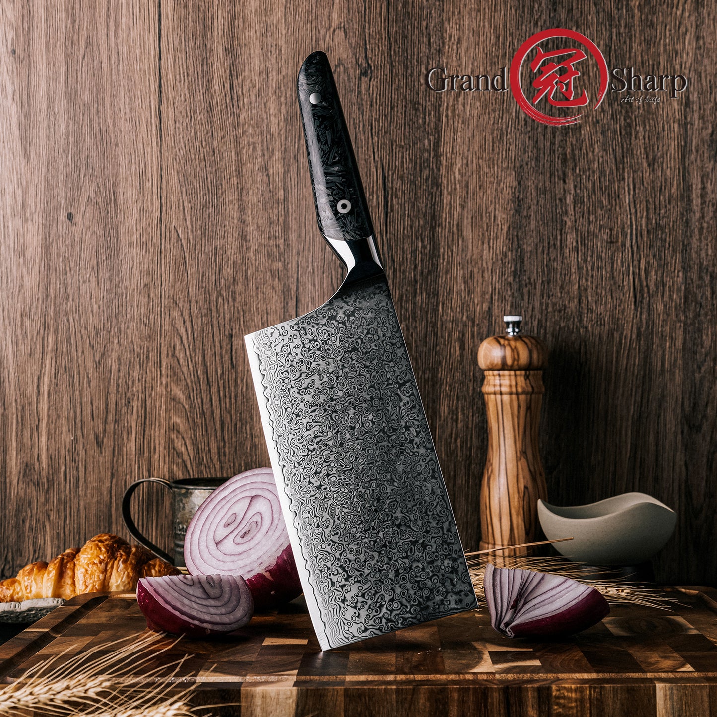 Grandsharp Premium Cleaver Cutting Knife Kitchen 67 Layers AUS10 Damascus Steel Cleaver Knives with Black Carbon Fiber Handle