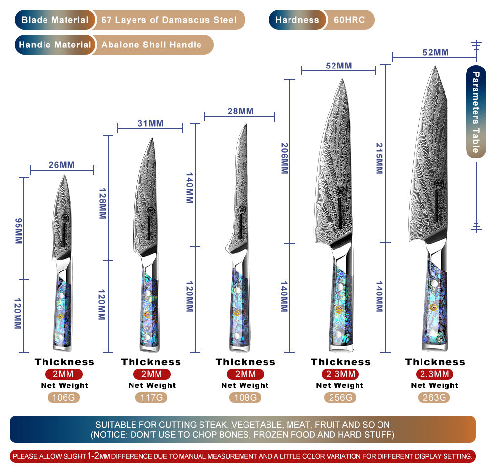 5 Pcs Damascus Kitchen Knife Set AUS10 Chef Knife Kiritsuke Boning Utility Paring Knife with Abalone Shell Handle