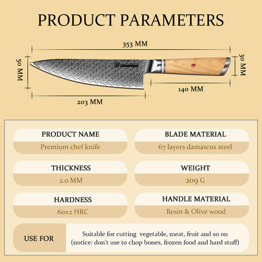 Grandsharp Custom Olive Wood Handle Damascus Chef Knife