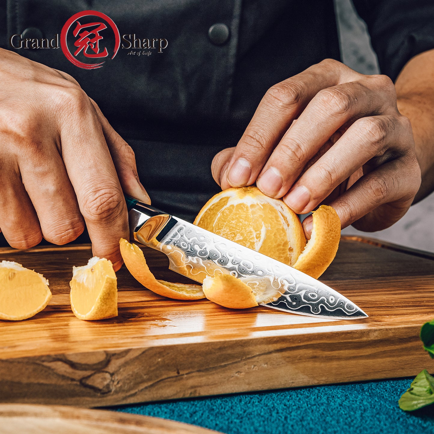 Grandsharp Premium Paring Knife 4'' 129 Layers Japanese Damascus Steel Paring Small Fruit Damascus Knives with Blue Resin Handle