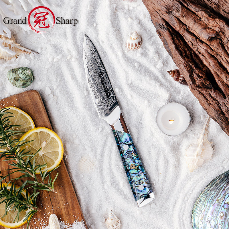 Grandsharp Abalone Shell Handle AUS10 Damascus Kitchen Set 3.5" Paring Knife
