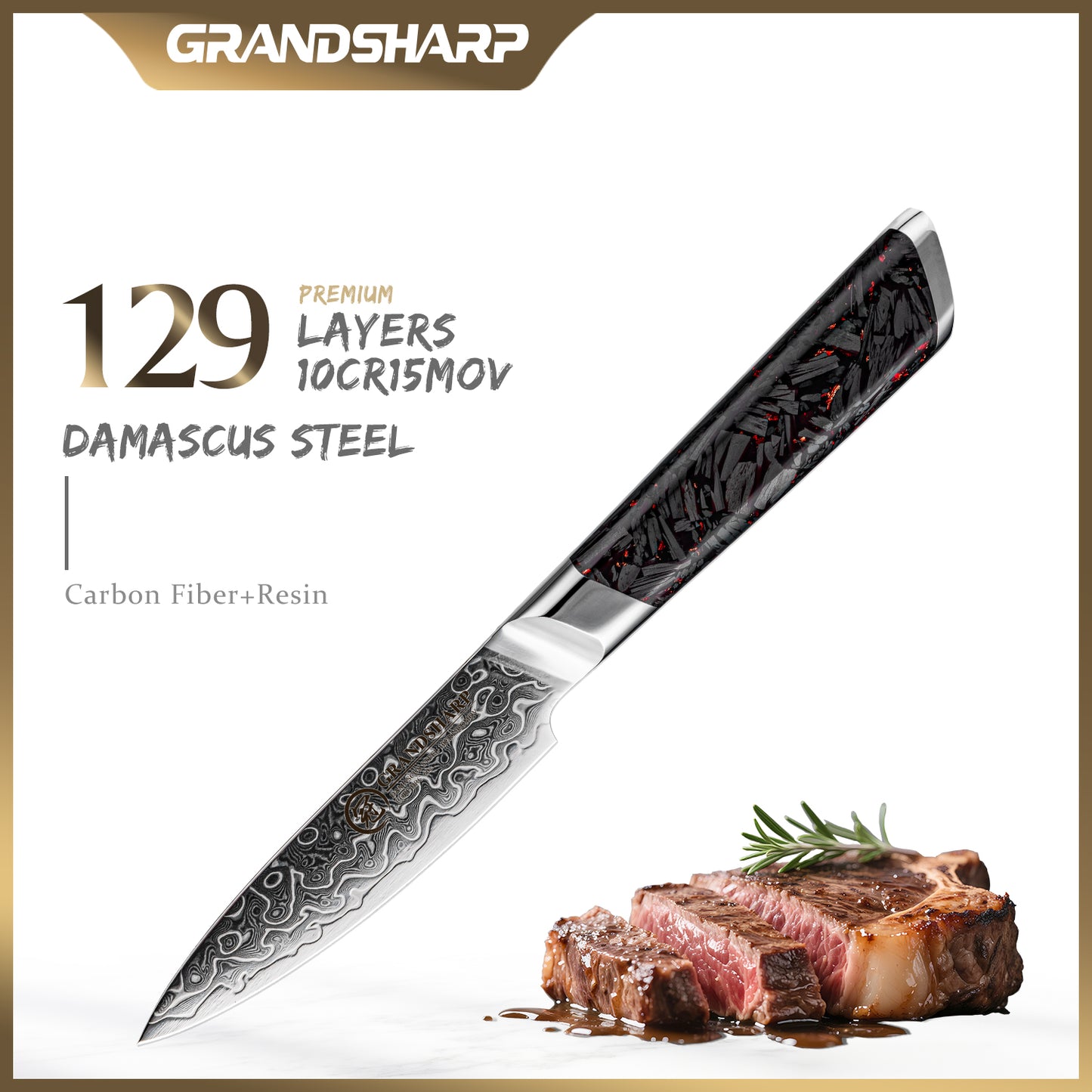 Grandsharp 129 Layers Damascus Steel Paring Knife 4 Inch Kitchen Peeling Small Fruit Knives with Black Carbon Fiber Handle
