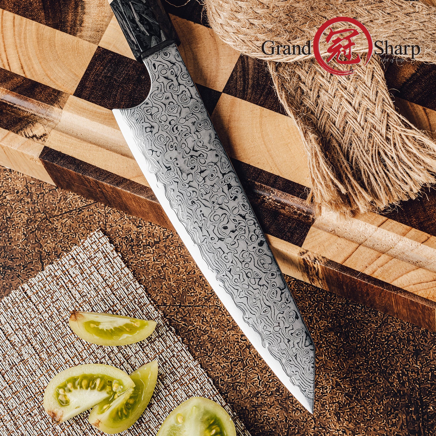 Grandsharp 8.5''Kiritsuke Knife 67 Layer Damascus Steel 10Cr15MoV Core Blade With Carbon Fiber&Copper Ring Handle Chef Knife