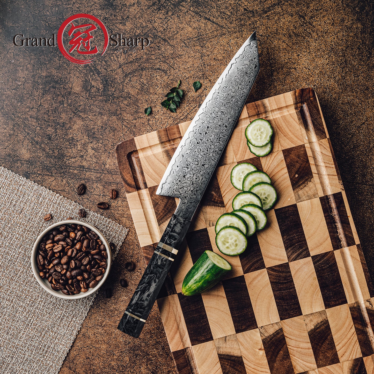 Grandsharp 8.5''Kiritsuke Knife 67 Layer Damascus Steel 10Cr15MoV Core Blade With Carbon Fiber&Copper Ring Handle Chef Knife