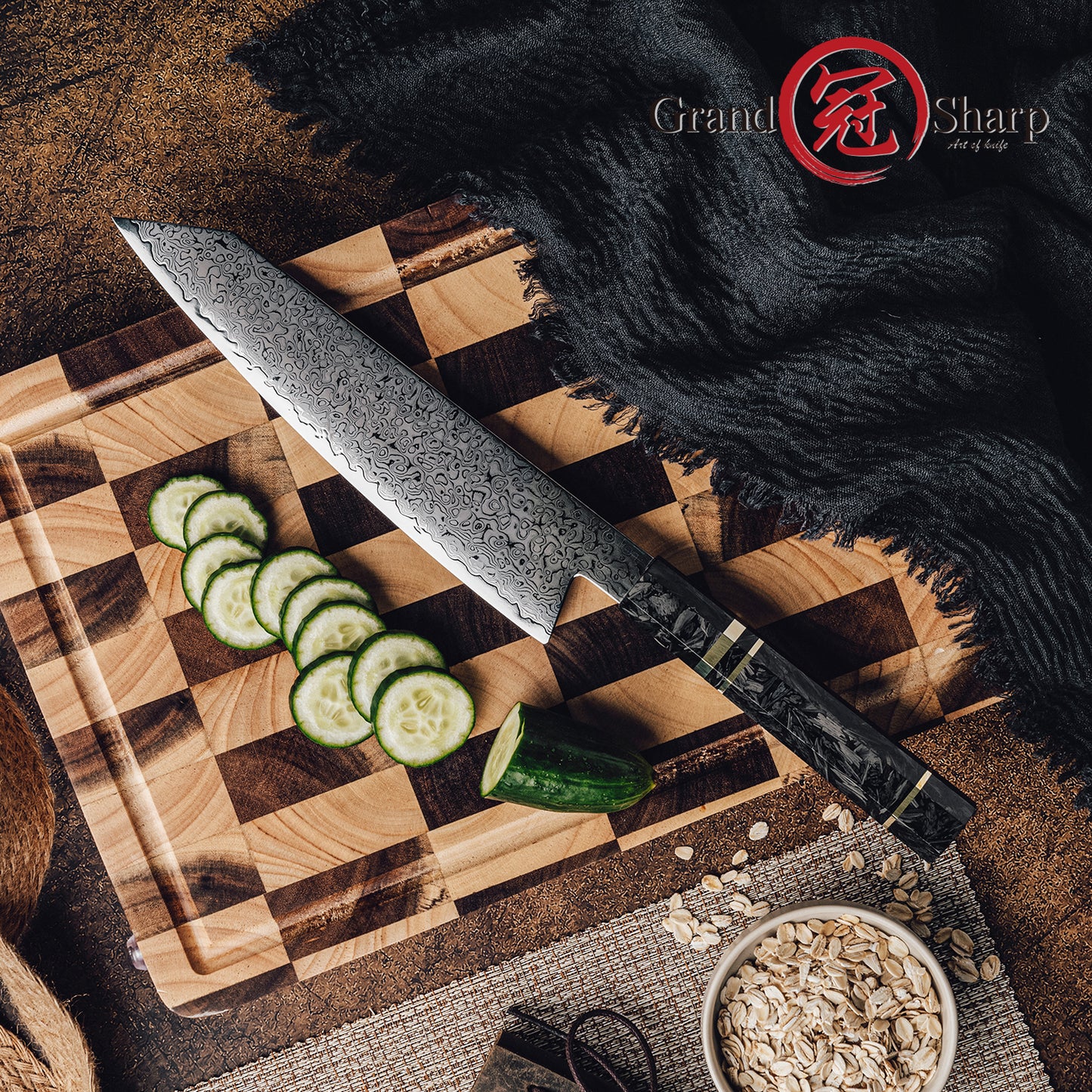 Grandsharp 8.5''Kiritsuke Knife 67 Layer Damascus Steel 10Cr15MoV Core Blade With Carbon Fiber&Copper Ring Handle Chef Knife