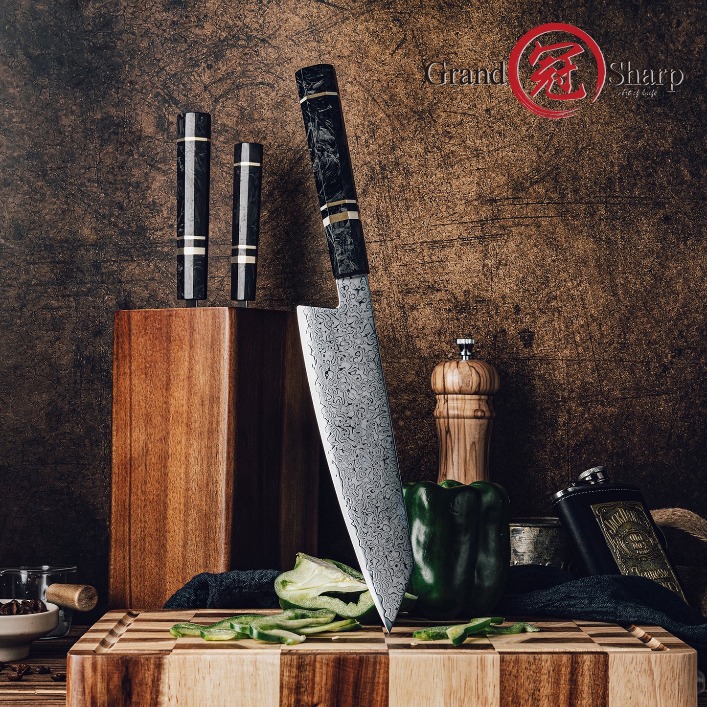 Grandsharp 8.5''Kiritsuke Knife 67 Layer Damascus Steel 10Cr15MoV Core Blade With Carbon Fiber&Copper Ring Handle Chef Knife
