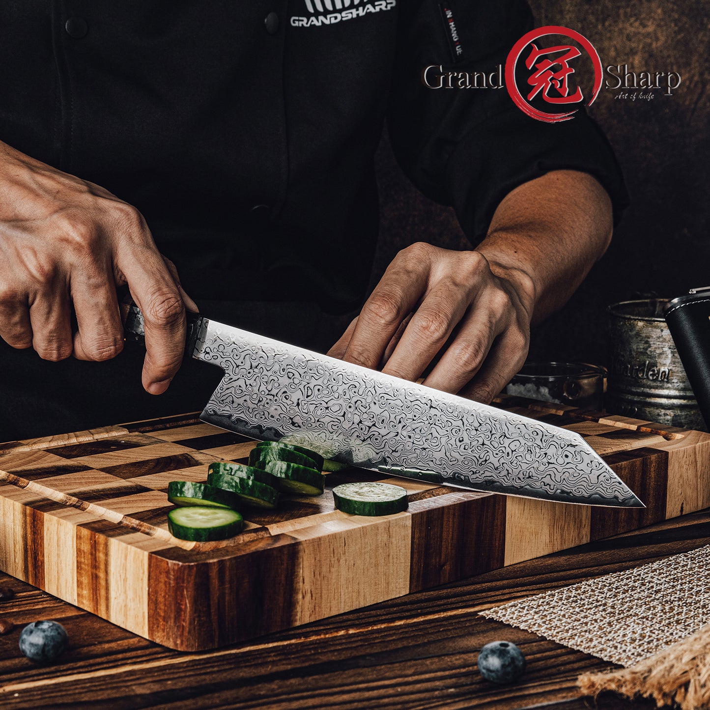 Grandsharp 8.5''Kiritsuke Knife 67 Layer Damascus Steel 10Cr15MoV Core Blade With Carbon Fiber&Copper Ring Handle Chef Knife