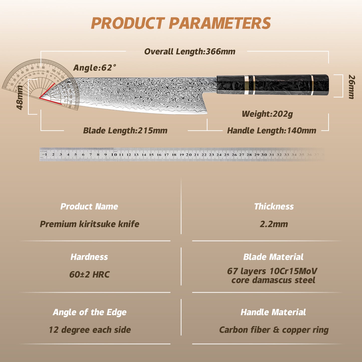 Grandsharp 8.5''Kiritsuke Knife 67 Layer Damascus Steel 10Cr15MoV Core Blade With Carbon Fiber&Copper Ring Handle Chef Knife