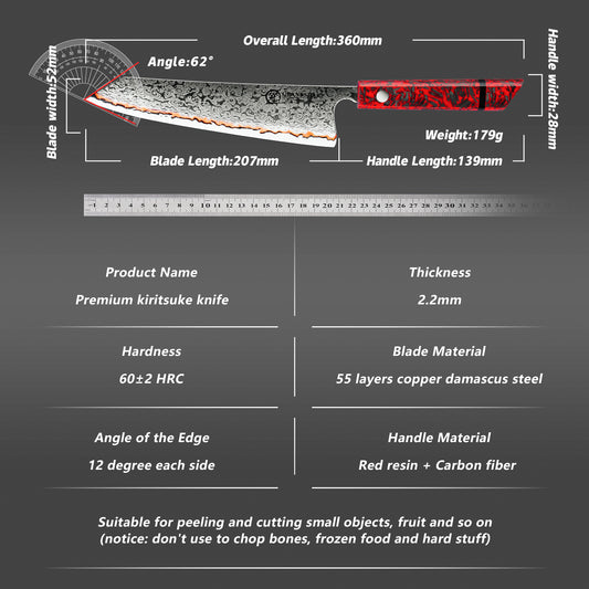 Grandsharp 55 Layers Copper Damascus Kiritsuke Chef Knife with Red Handle