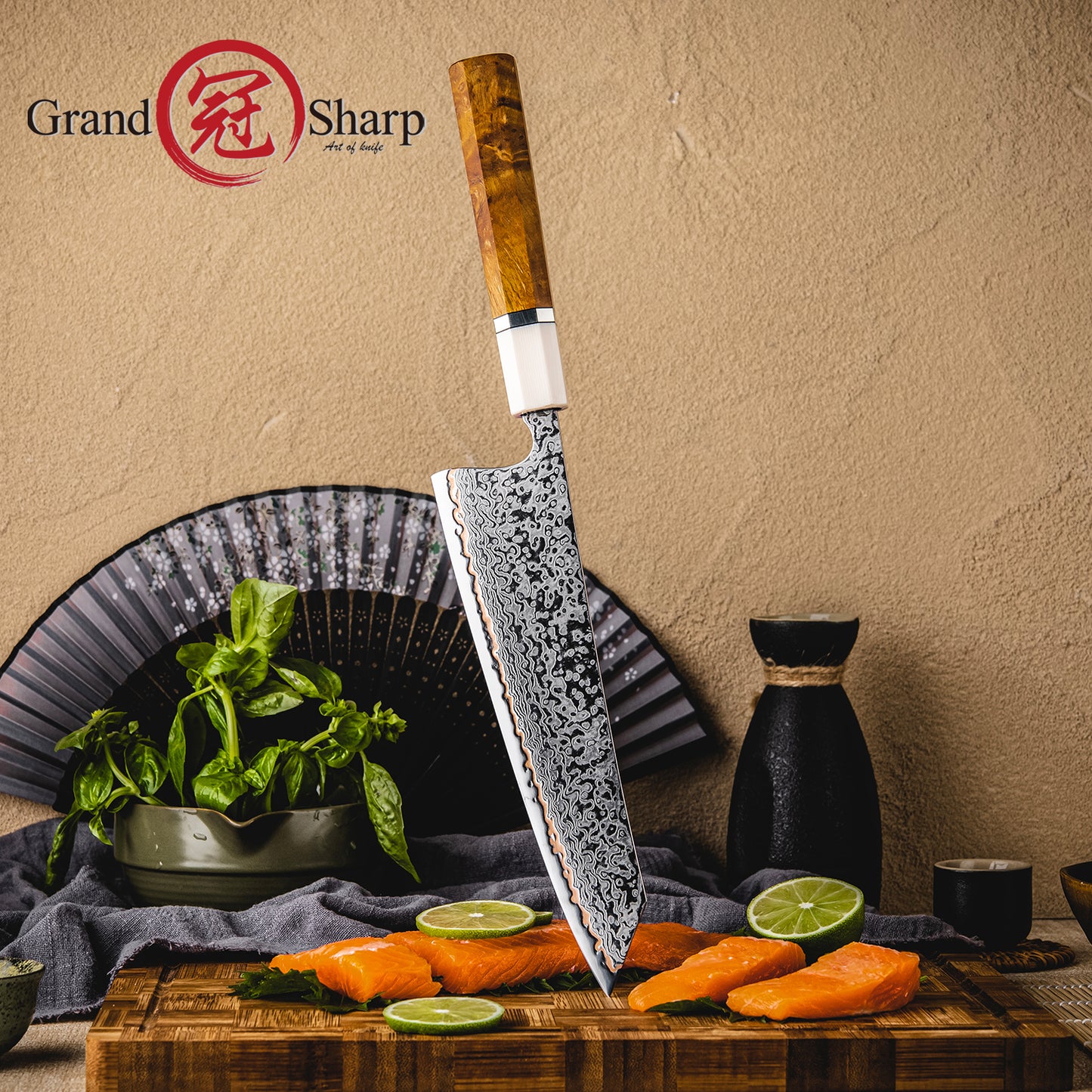 Grandsharp 55 Layers Copper Core Damascus Steel Kiritsuke Knife with Solidified Wood Handle