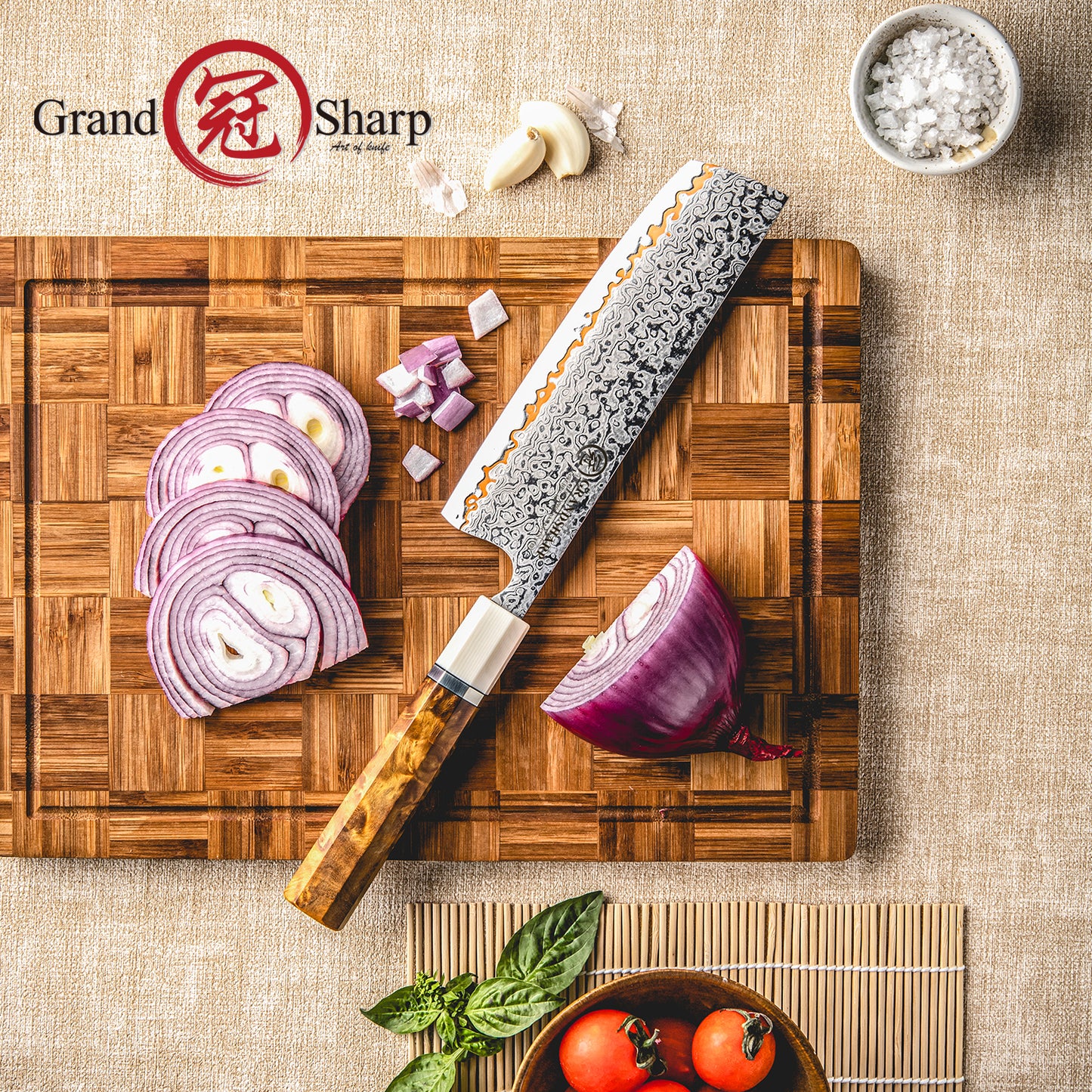 Grandsharp 7'' Nakiri Knife Japanese 55 Layers Copper damascus with Solidified Wood+Imitation Ivory Handle