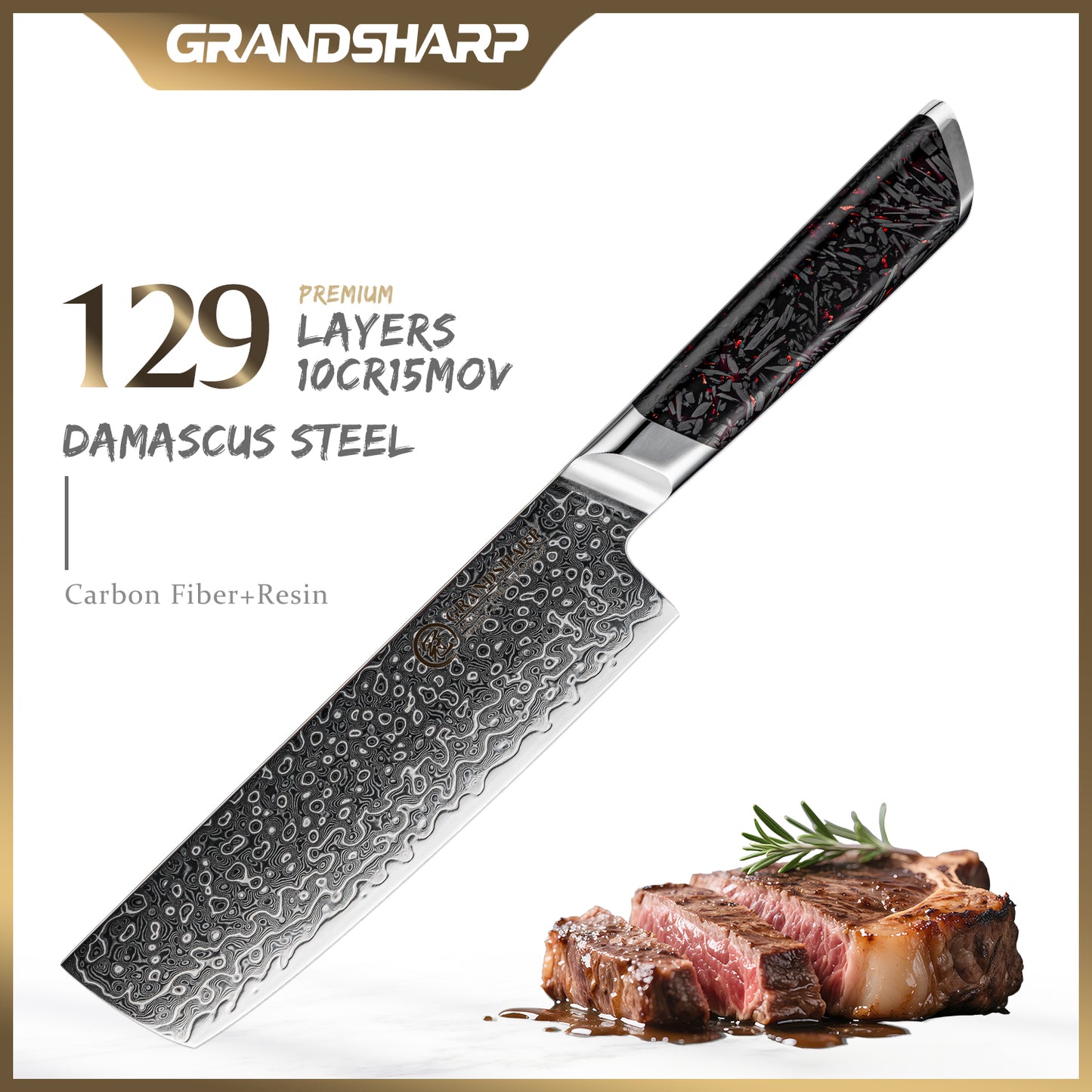 Grandsharp Japanese 129 Layers Damascus Steel 7 Inch Nakiri Knife Kitchen Damascus Nakiri Knives with Black Carbon Fiber Handle