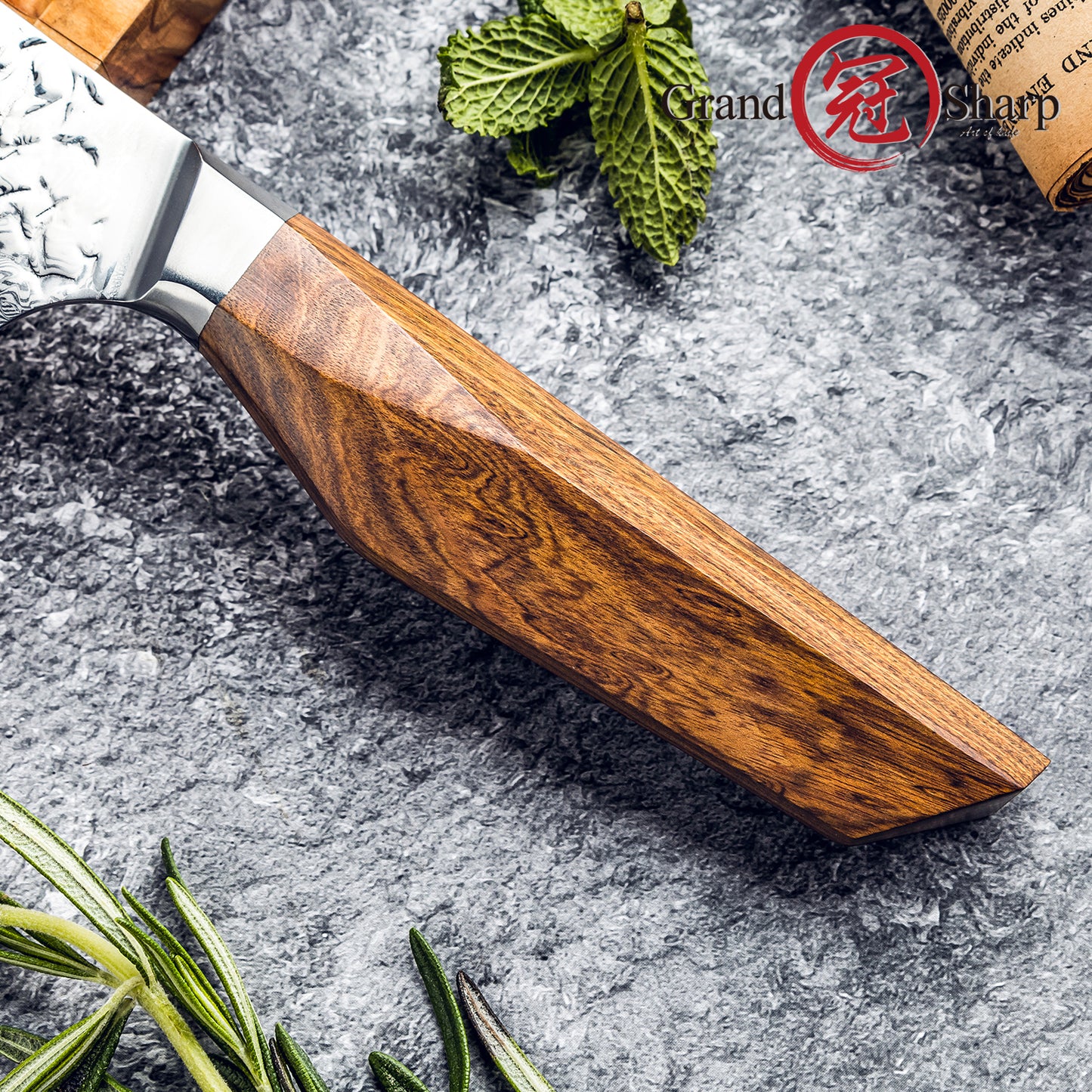 Grandsharp Custom Rose Wood Handle Damascus Utility Knife