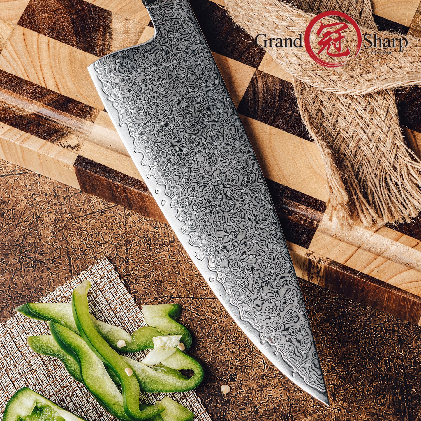 Grandsharp 10Cr15CoMoV Damascus Handmade Fat Gyuto Chef Knife