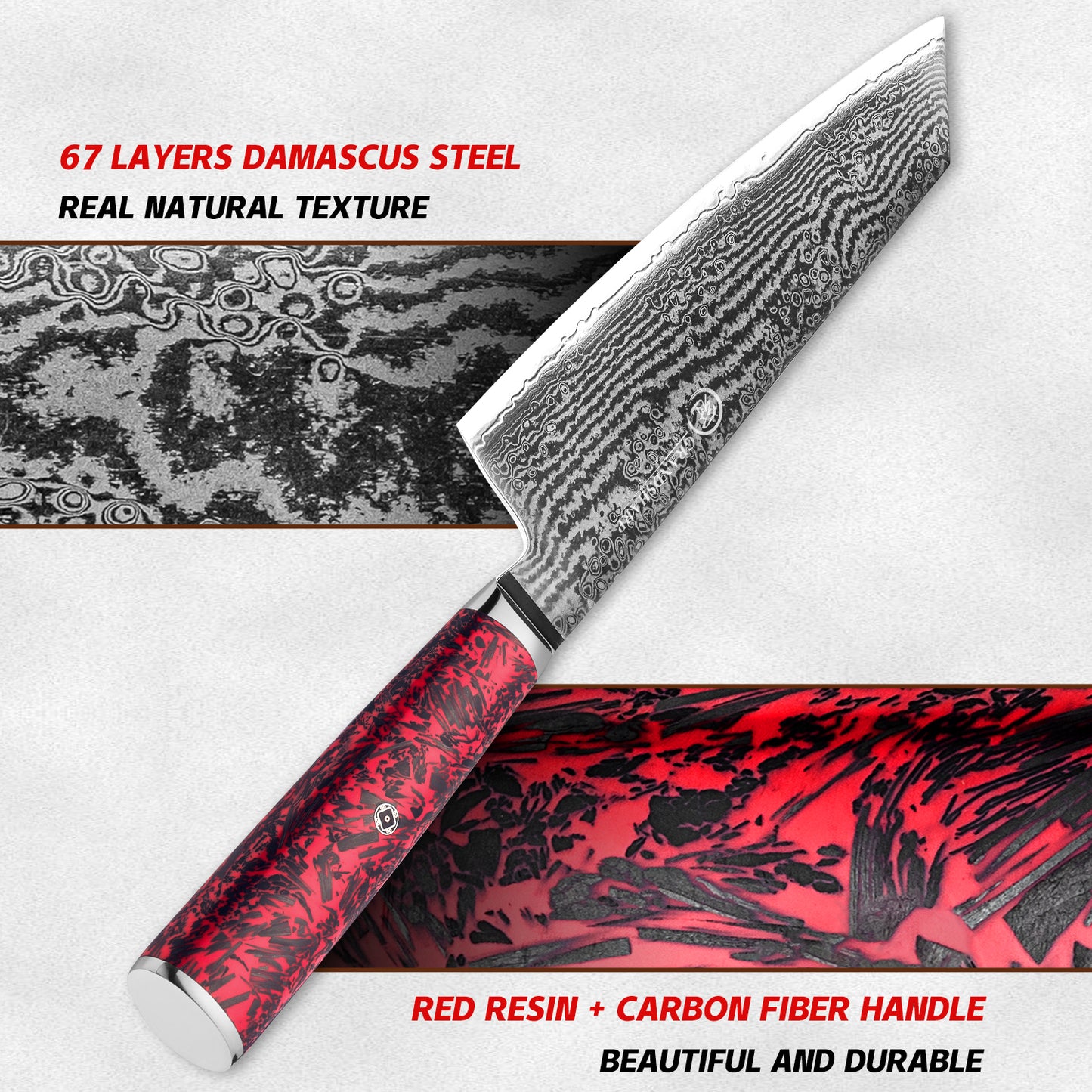 Grandsharp 67 Layers S35VN Damascus Steel Kiritsuke Knife Carbon Fiber Red Risen Handle