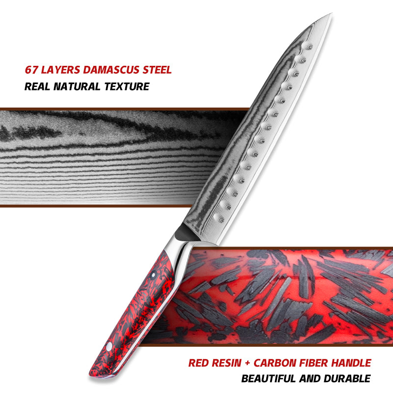 Grandsharp 7.5" Kitchen Santoku Knife Damascus Carbon Steel Kitchen Knife with Resin and Carbon Fiber Handle