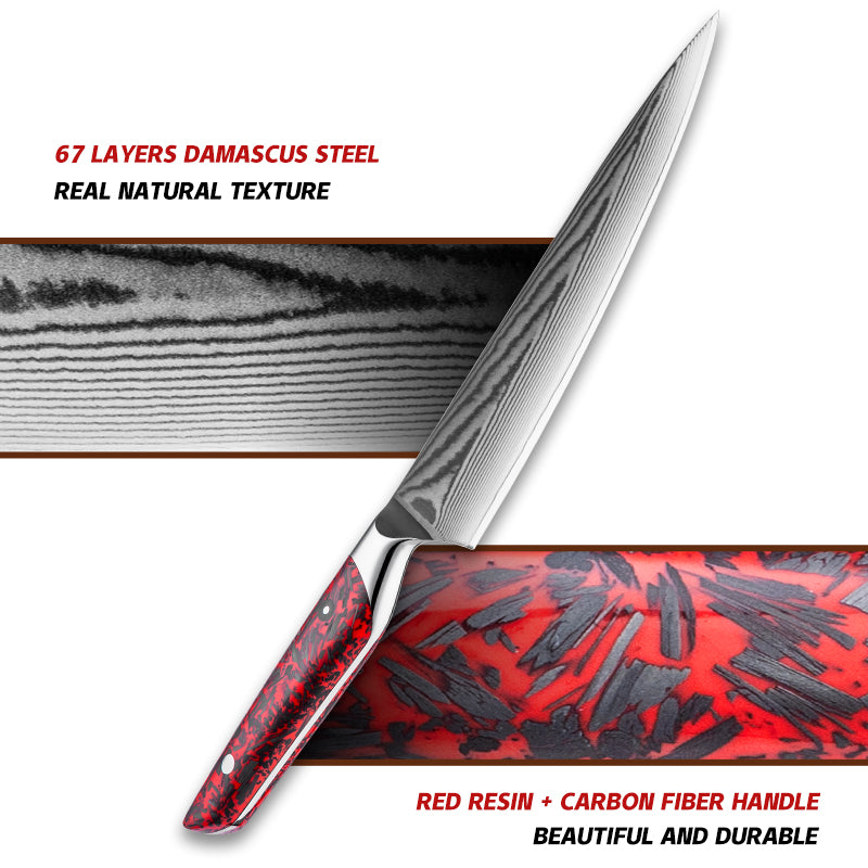 Grandsharp 8 Inch 67 Layers Damascus Carbon AUS10 Steel Chef Knife Red Resin and Carbon Fiber Handle