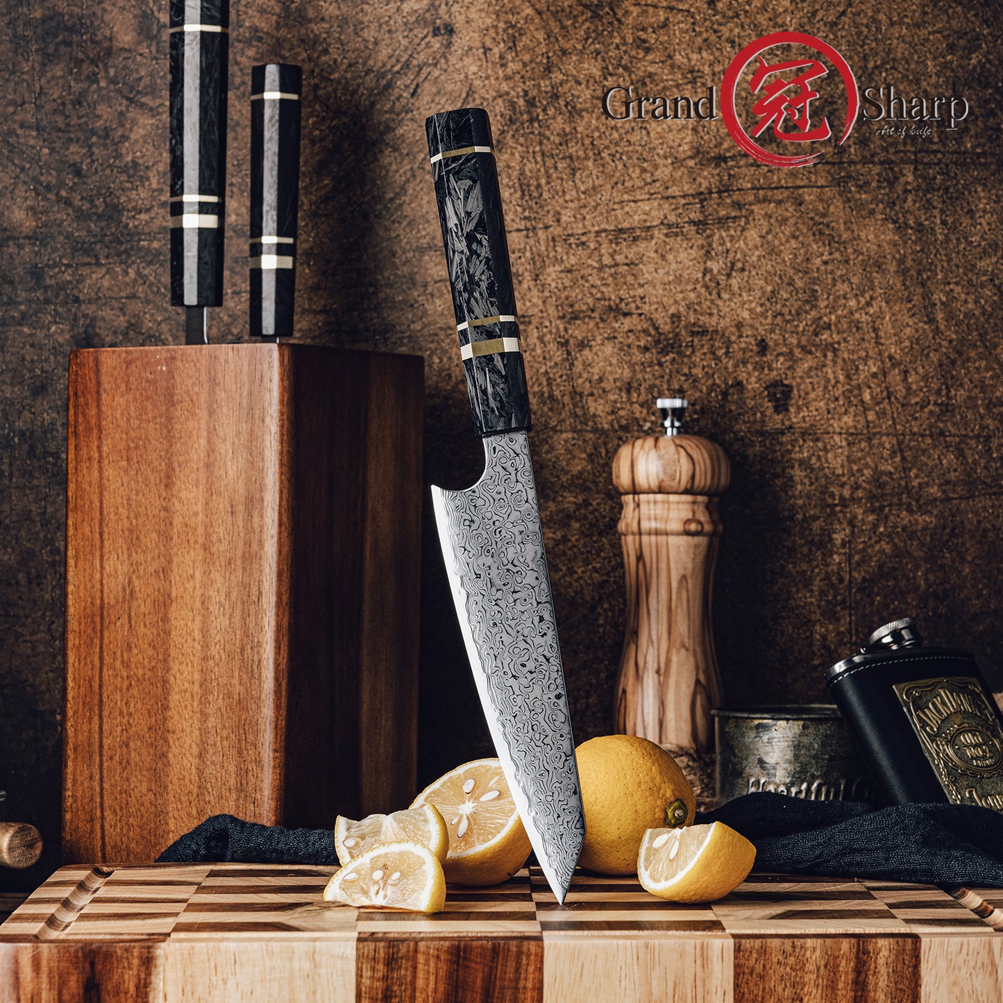 Grandsharp 10Cr15CoMoV Damascus Handmade Utility Prep Knife