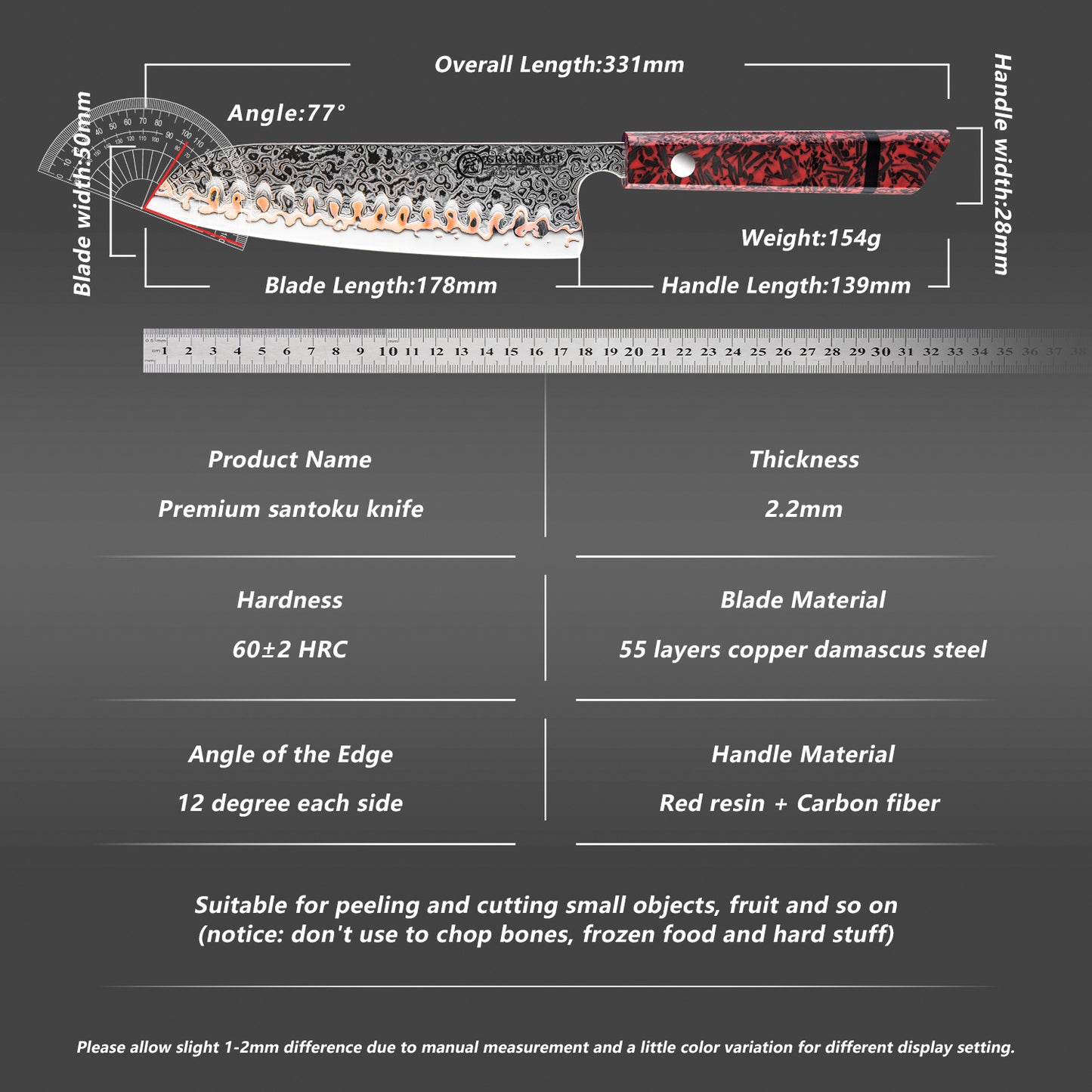 Grandsharp 7 Inch Kitchen Santoku Knife Japanese 55 Layers Copper Damascus Steel Santoku Knives Red Resin & Carbon Fiber Handle