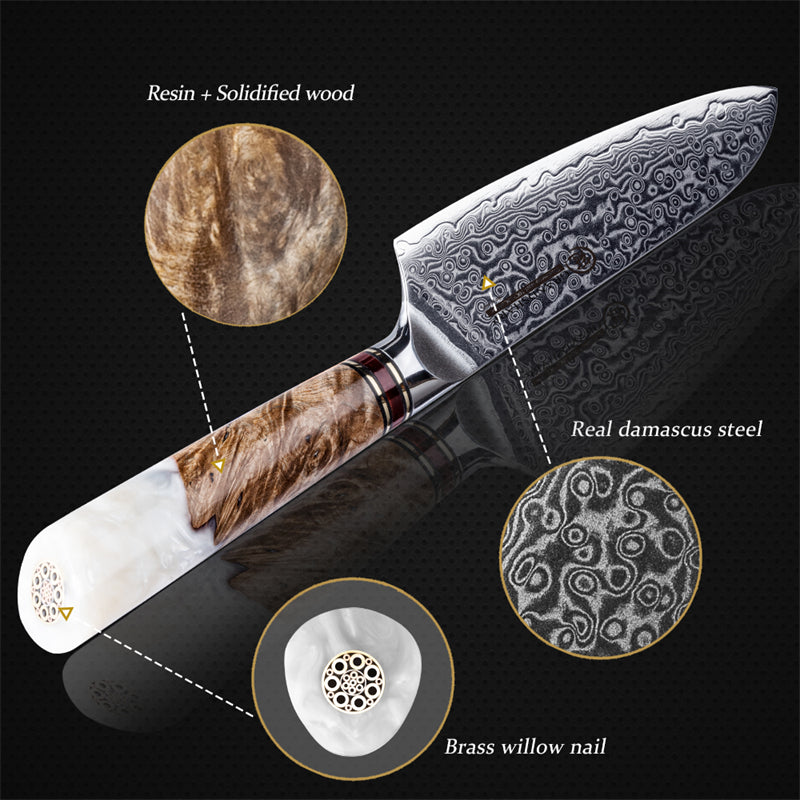 Grandsharp White Handle 10Cr15CoMoV Damascus 5inch Sankotu Knife