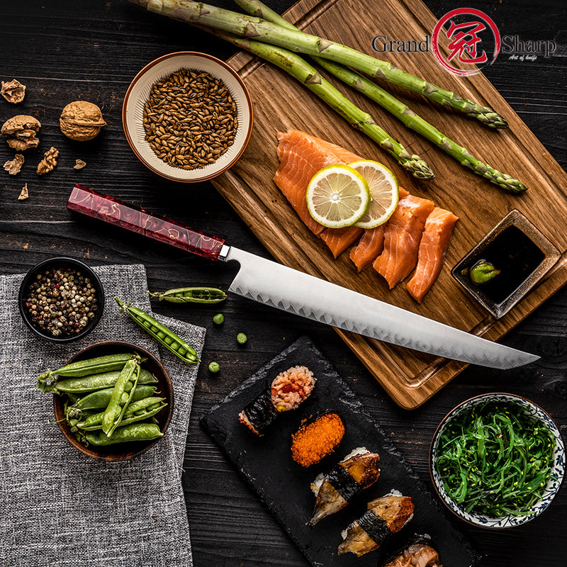 Grandsharp Handmade High Carbon 5 Layers Clad Steel Kitchen Chef Sakimaru Sushi Knife Red Resin Handle