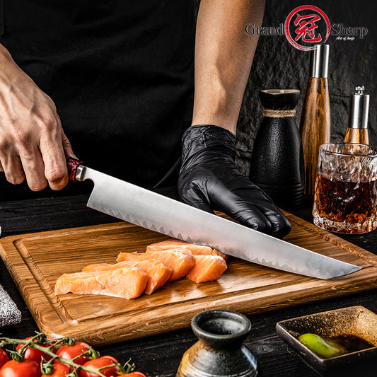 Grandsharp Handmade High Carbon 5 Layers Clad Steel Kitchen Chef Sakimaru Sushi Knife Red Resin Handle
