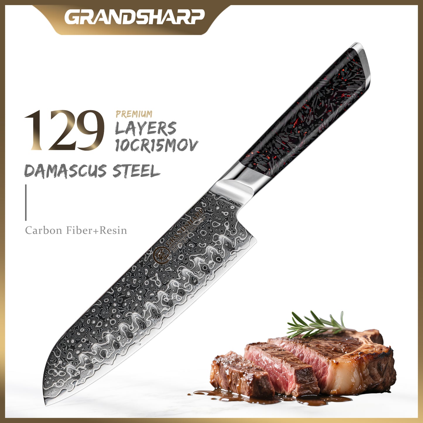 Grandsharp Premium Damascus Santoku Knife 7 Inch 129 Layers Steel Kitchen Santoku Knives with Black Carbon Fiber+Resin Handle