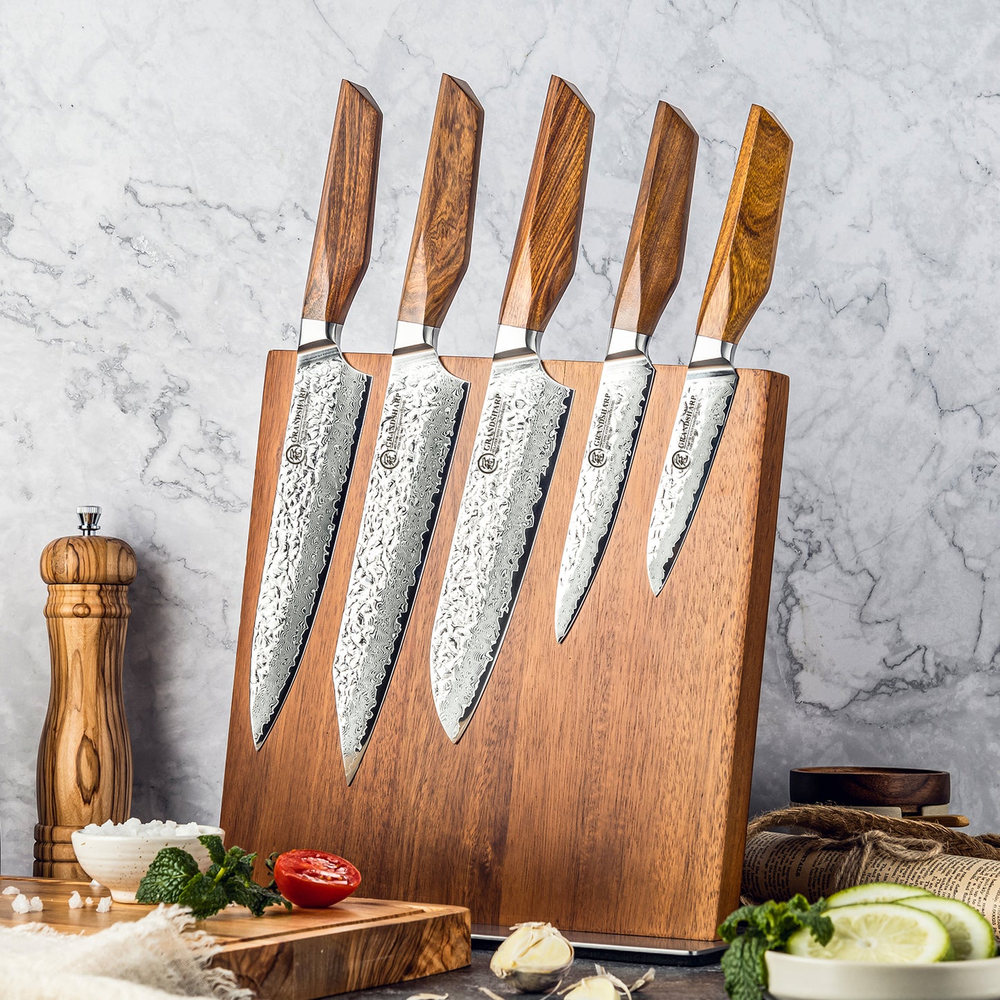 Grandsharp Premium 1-5pcs Damascus Kitchen Knife Set 67 Layers AUS-10 Cutting Core Africa Rose Wood Handle Meat Food Cutter