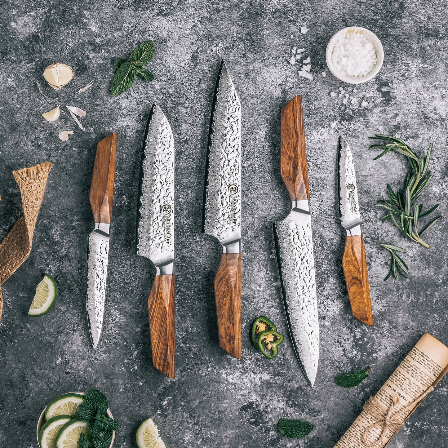 Grandsharp Premium 1-5pcs Damascus Kitchen Knife Set 67 Layers AUS-10 Cutting Core Africa Rose Wood Handle Meat Food Cutter