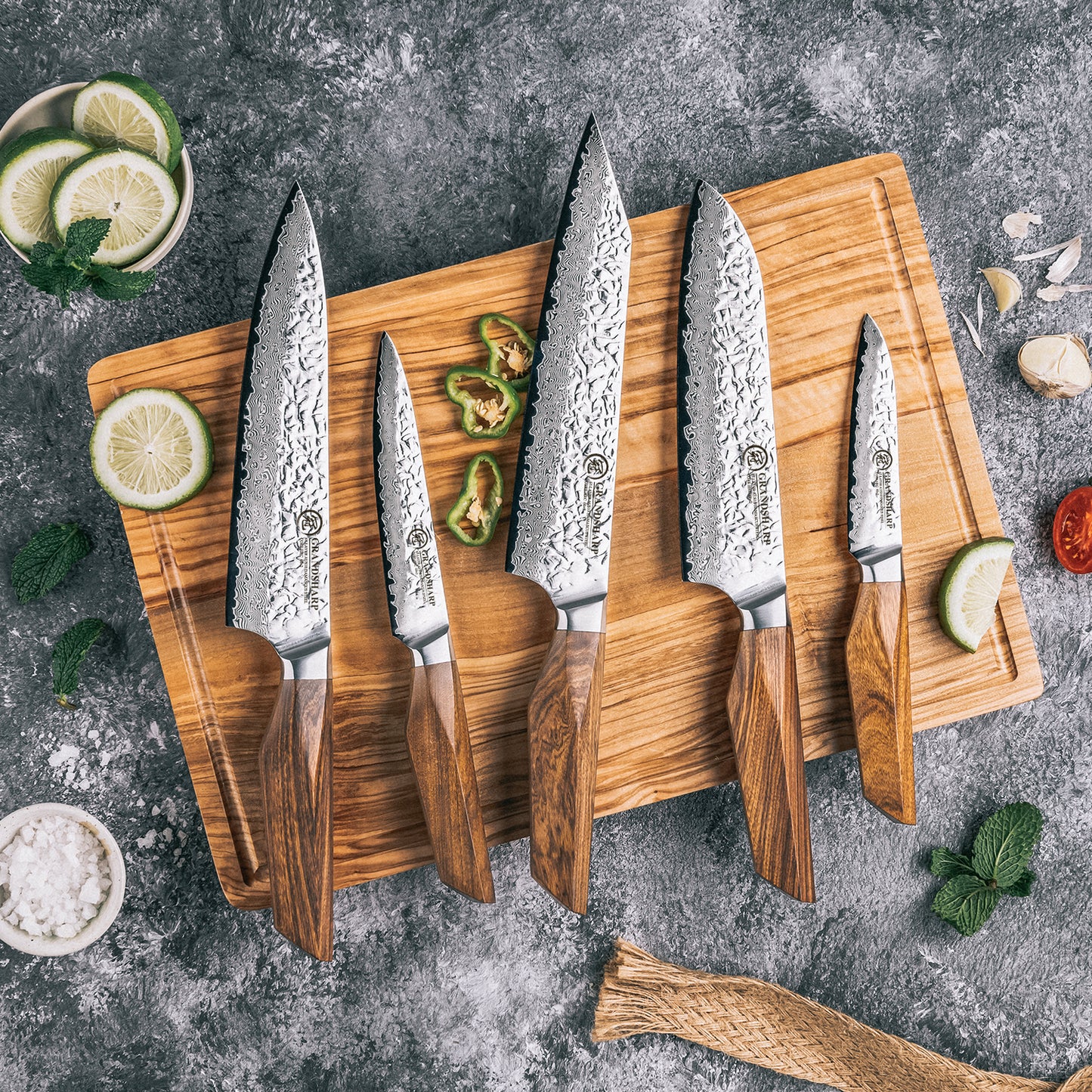 Grandsharp Premium 1-5pcs Damascus Kitchen Knife Set 67 Layers AUS-10 Cutting Core Africa Rose Wood Handle Meat Food Cutter