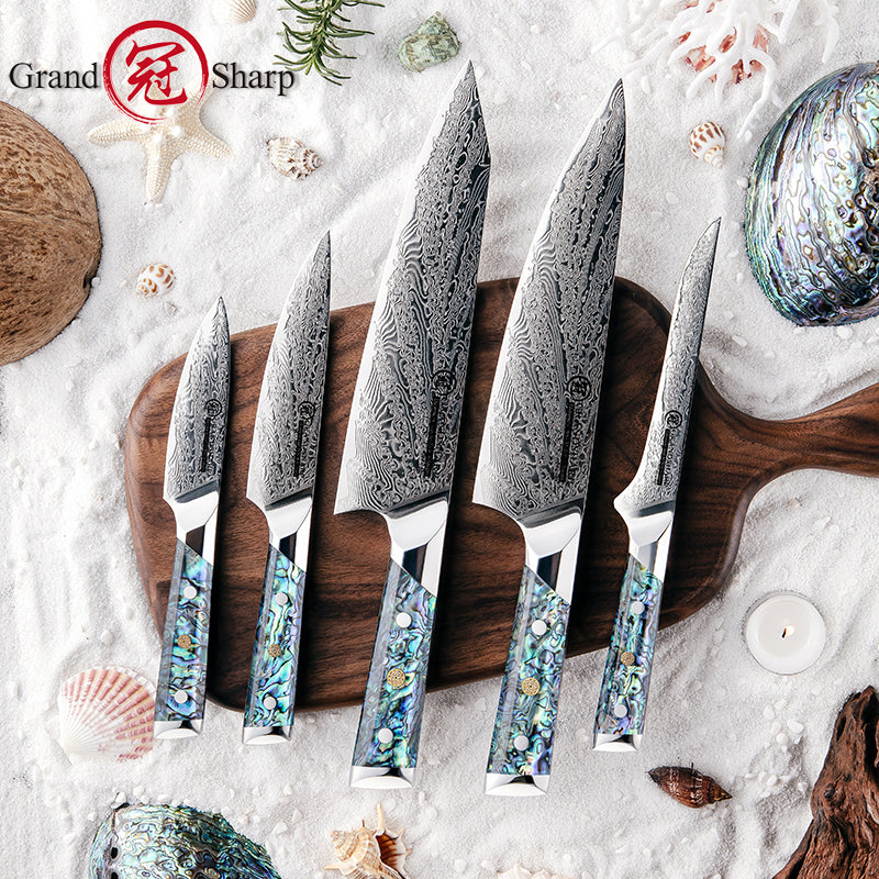 Damascus Steel Kitchen Knive Set AUS10 Chef Knife Kiritsuke Boning Utility Paring Knife Abalone Shell Handle