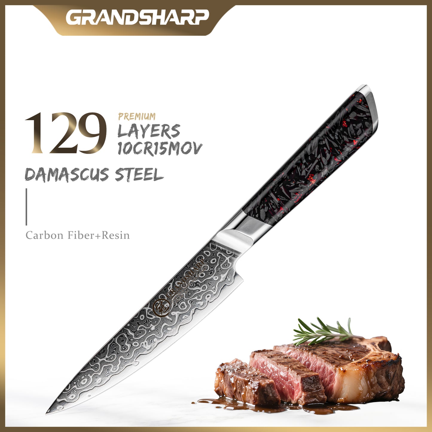 Grandsharp 5 Inch Kitchen Utility Knife 129 Layers Japanese Damascus Steel Utility Knives with Black Carbon Fiber+Resin Handle