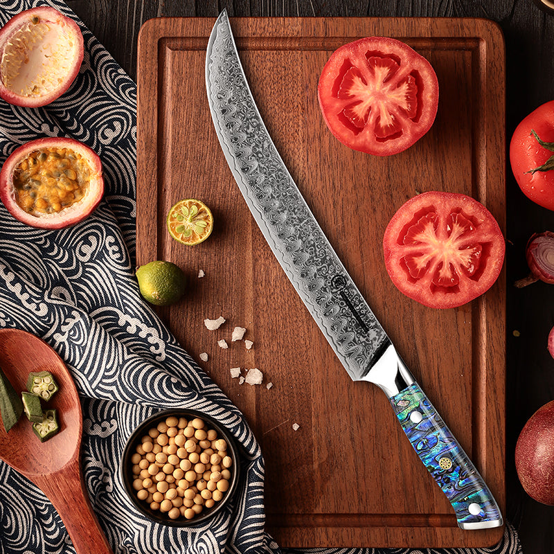 Chef Kitchen Knives 10 Inch Butcher Knife Damascus Steel Slicing Cooking Tool Full Tang Machete Cutlery Cookware PRO Abalone Shell Handle