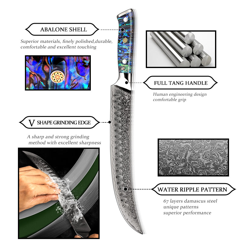 Chef Kitchen Knives 10 Inch Butcher Knife Damascus Steel Slicing Cooking Tool Full Tang Machete Cutlery Cookware PRO Abalone Shell Handle