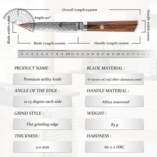 Grandsharp Rose Wood Handle Damascus Utility Knife