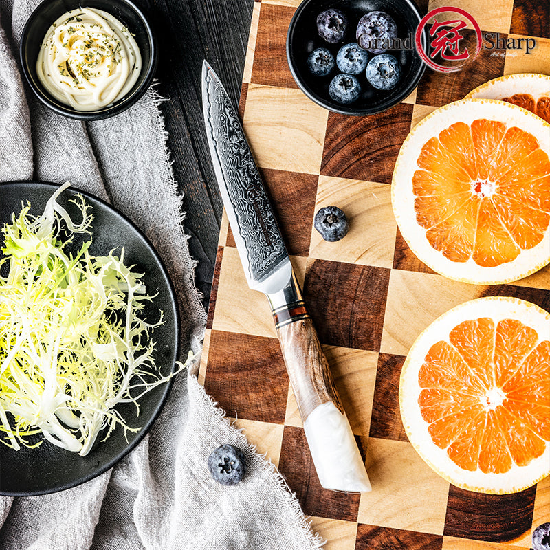 Grandsharp Professional 5 Inch Utility Knife 67 Layers Damascus Steel 10Cr15C0Mov Kitchen Knife with White Resin Handle Gift Box