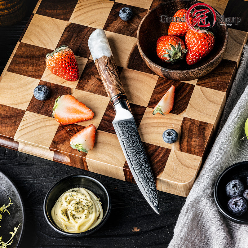 Grandsharp Professional 5 Inch Utility Knife 67 Layers Damascus Steel 10Cr15C0Mov Kitchen Knife with White Resin Handle Gift Box