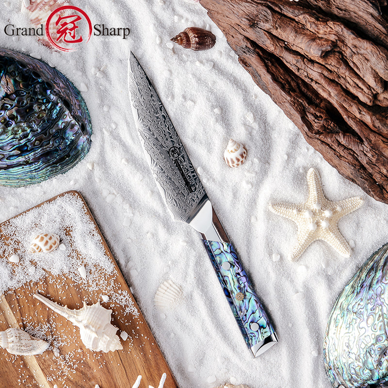 Grandsharp Abalone Shell Handle AUS10 Damascus Kitchen 5" Utility Knife